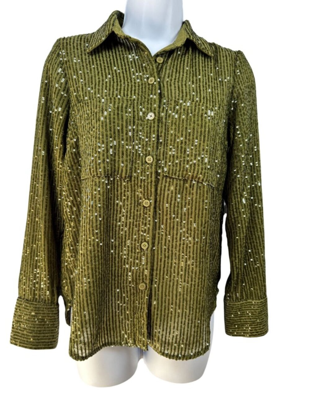 Anthropologie Olive Green Long Sleeve Button Up All Over Sequin Shirt XS disco